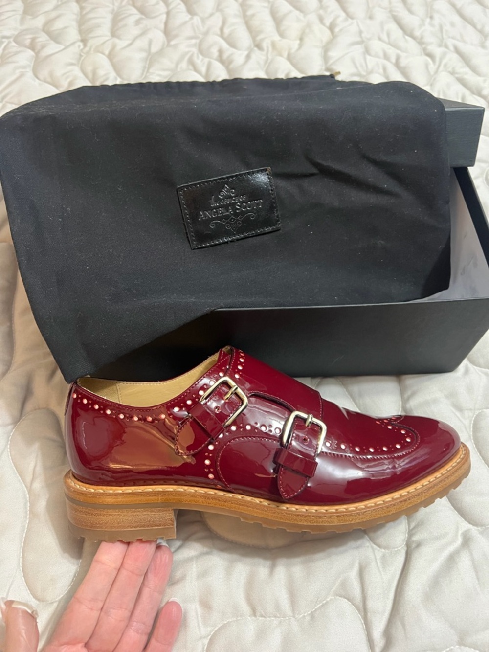 Angela Scott Women's Burgundy Patent Double Monk Shoes - Picture 2 of 6